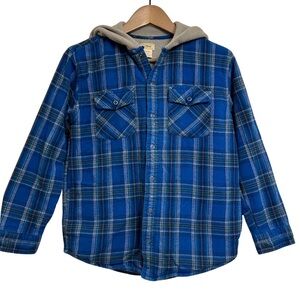L.L. Bean Kids Fleece-Lined Blue Plaid Flannel Snap-Closure Hoodie - L (14-16)